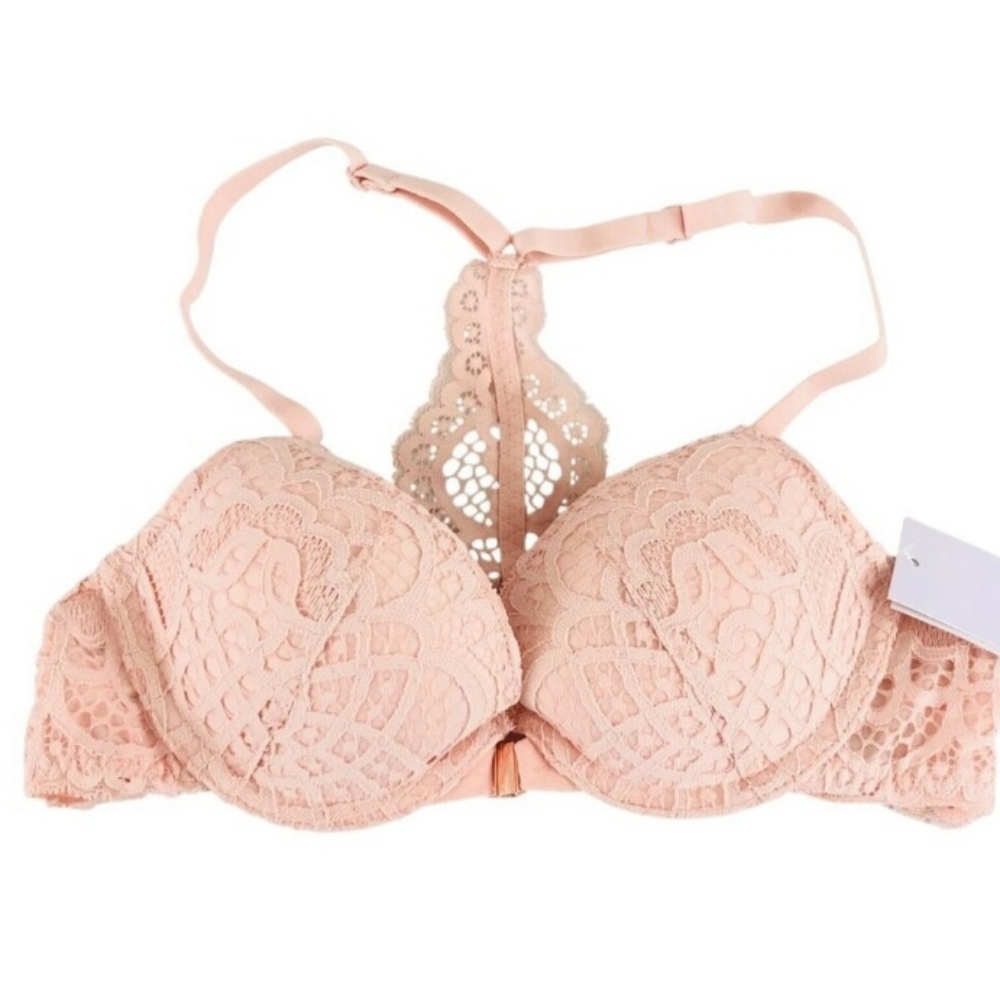 Auden Bra The Radiant Plunge Push-Up Lace Front Closure Lace Overlay Pink 32AA